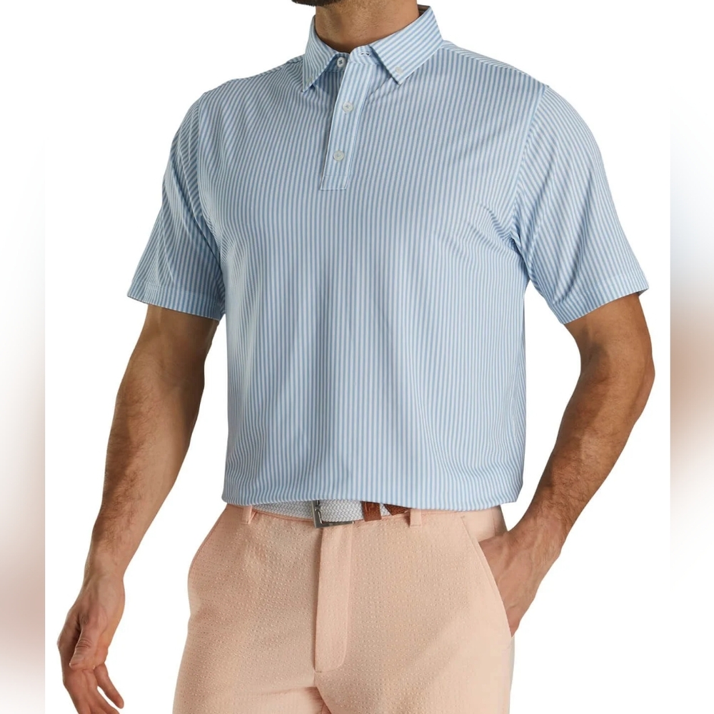 FootJoy Limited Edition Lisle Stripe Self Collar Golf Polo - Light Blue - 2XL